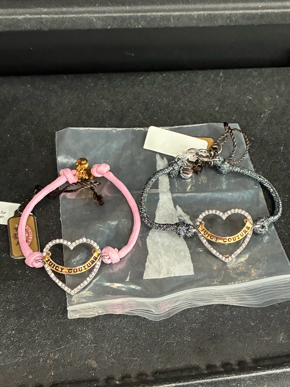 Juicy Couture Pam & Gela Pave Crystal Heart String Bracelets Pink And Silver NWT